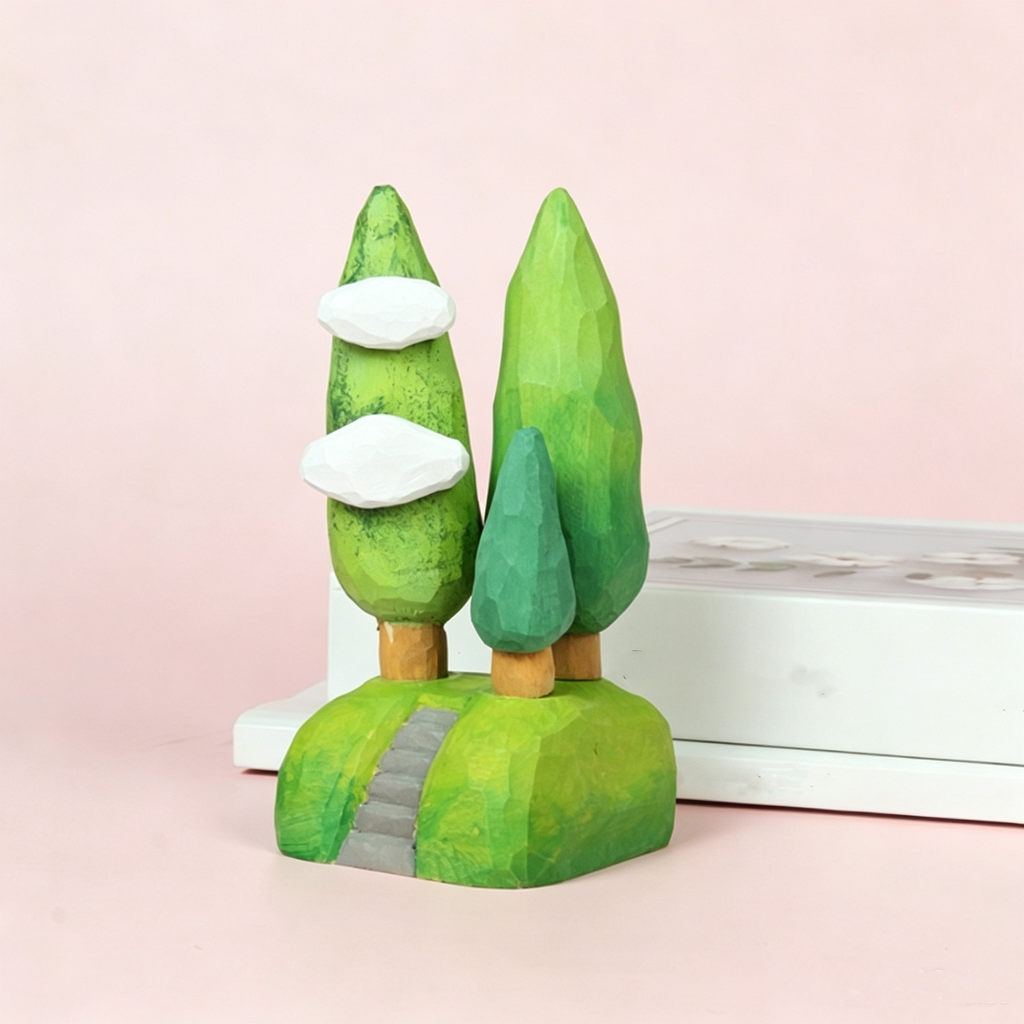 Linden Wood Hand-Carved Tree Figurine, Cute Forest Scene Miniature Decor, Calming Desk Ornament for Home, Office & Fairy Gardens