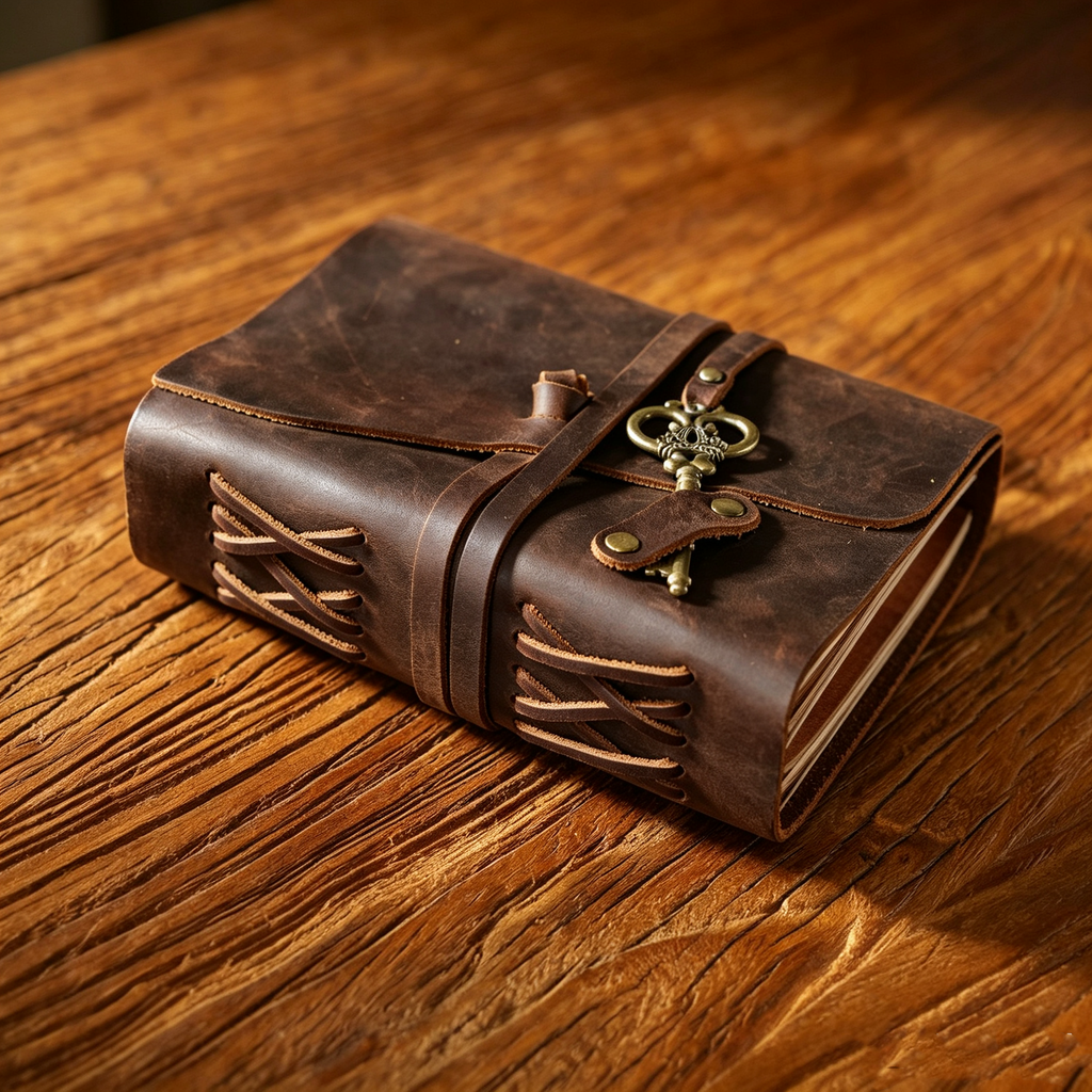 Handmade Crazy Horse Leather Travel Journal, Full Grain Cowhide Notebook with Leather Strap & Decorative Metal Key