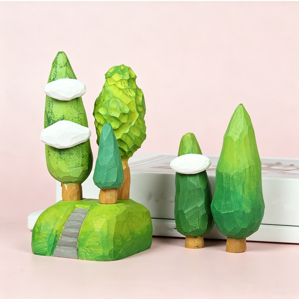 Linden Wood Hand-Carved Tree Figurine, Cute Forest Scene Miniature Decor, Calming Desk Ornament for Home, Office & Fairy Gardens