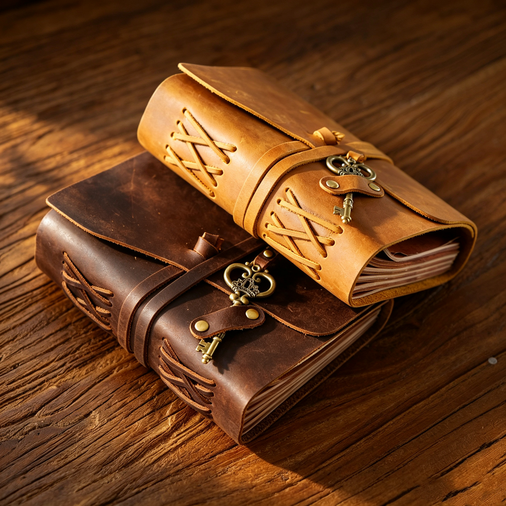 Handmade Crazy Horse Leather Travel Journal, Full Grain Cowhide Notebook with Leather Strap & Decorative Metal Key