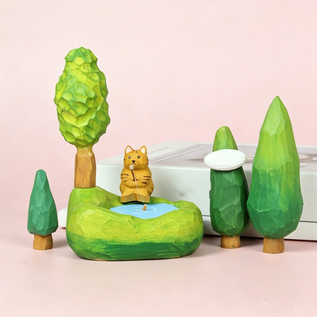 Linden Wood Hand-Carved Tree Figurine, Cute Forest Scene Miniature Decor, Calming Desk Ornament for Home, Office & Fairy Gardens
