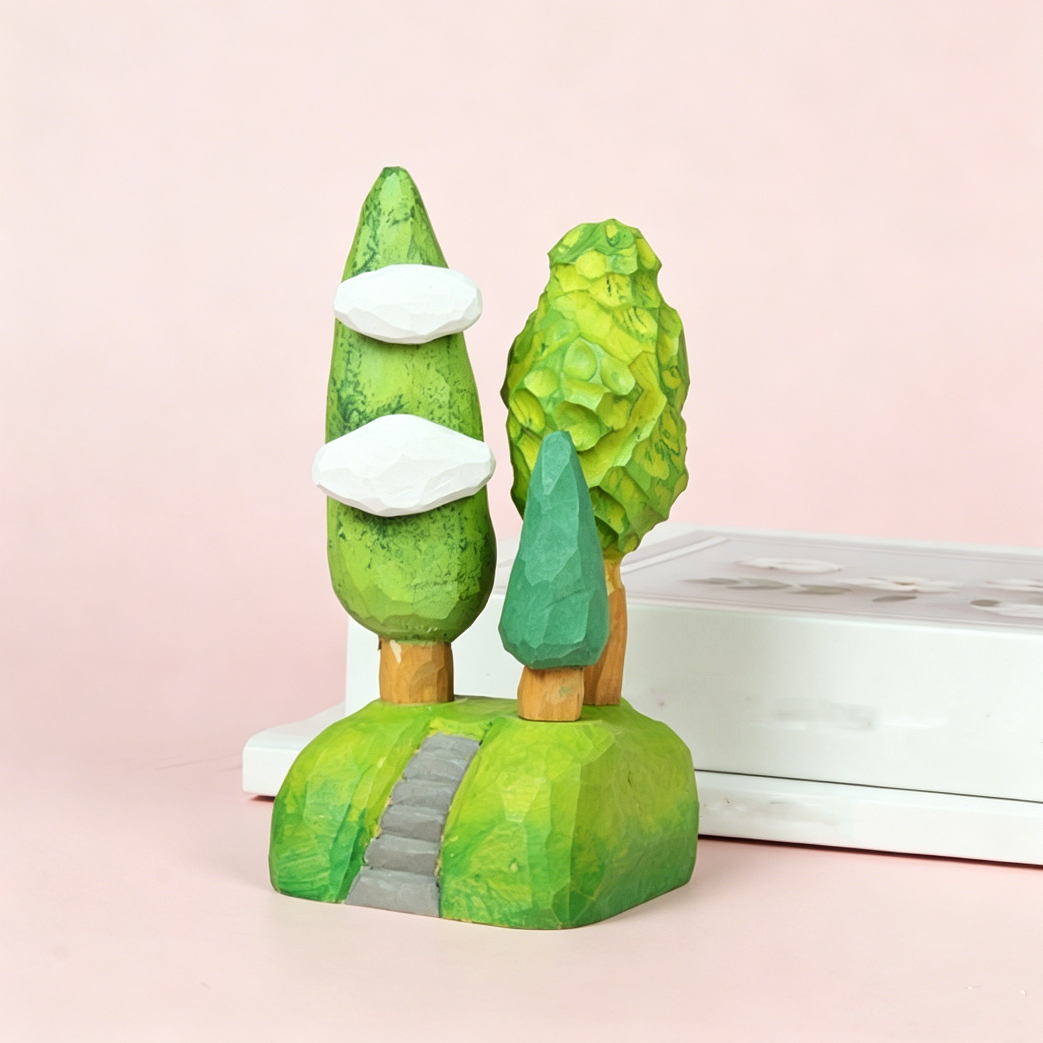 Linden Wood Hand-Carved Tree Figurine, Cute Forest Scene Miniature Decor, Calming Desk Ornament for Home, Office & Fairy Gardens
