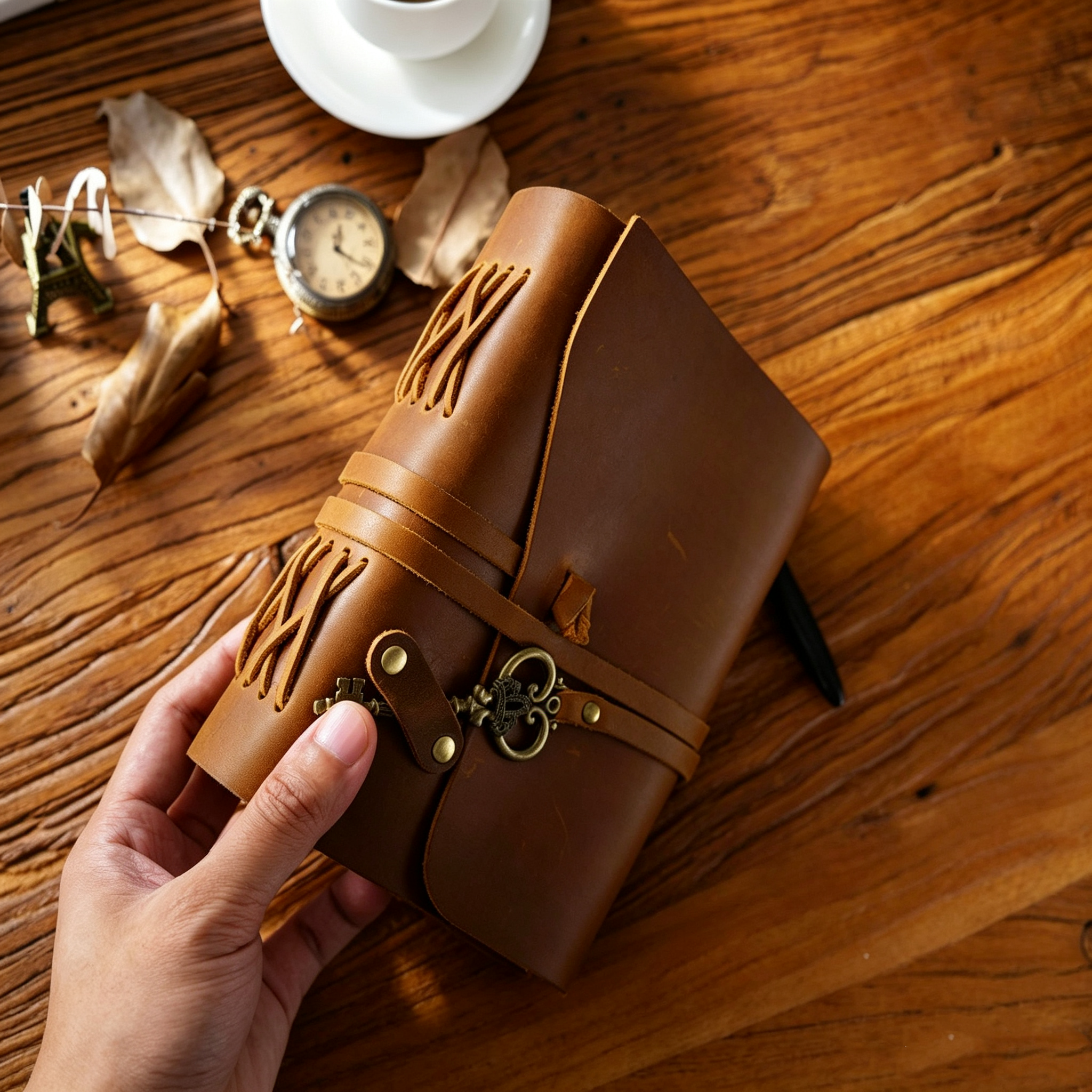 Handmade Crazy Horse Leather Travel Journal, Full Grain Cowhide Notebook with Leather Strap & Decorative Metal Key