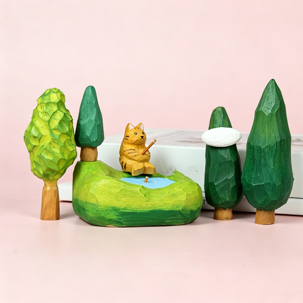 Linden Wood Hand-Carved Tree Figurine, Cute Forest Scene Miniature Decor, Calming Desk Ornament for Home, Office & Fairy Gardens