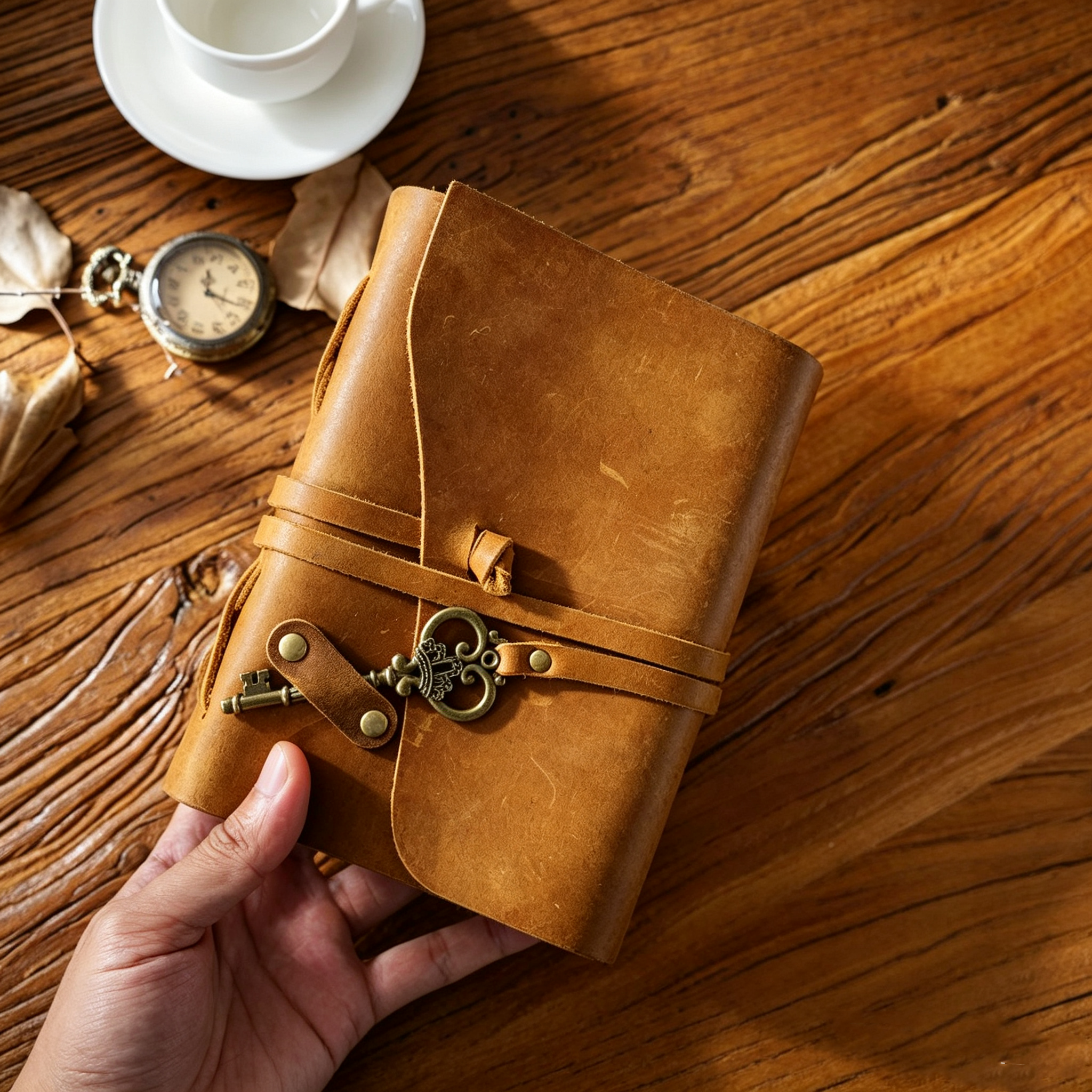 Handmade Crazy Horse Leather Travel Journal, Full Grain Cowhide Notebook with Leather Strap & Decorative Metal Key