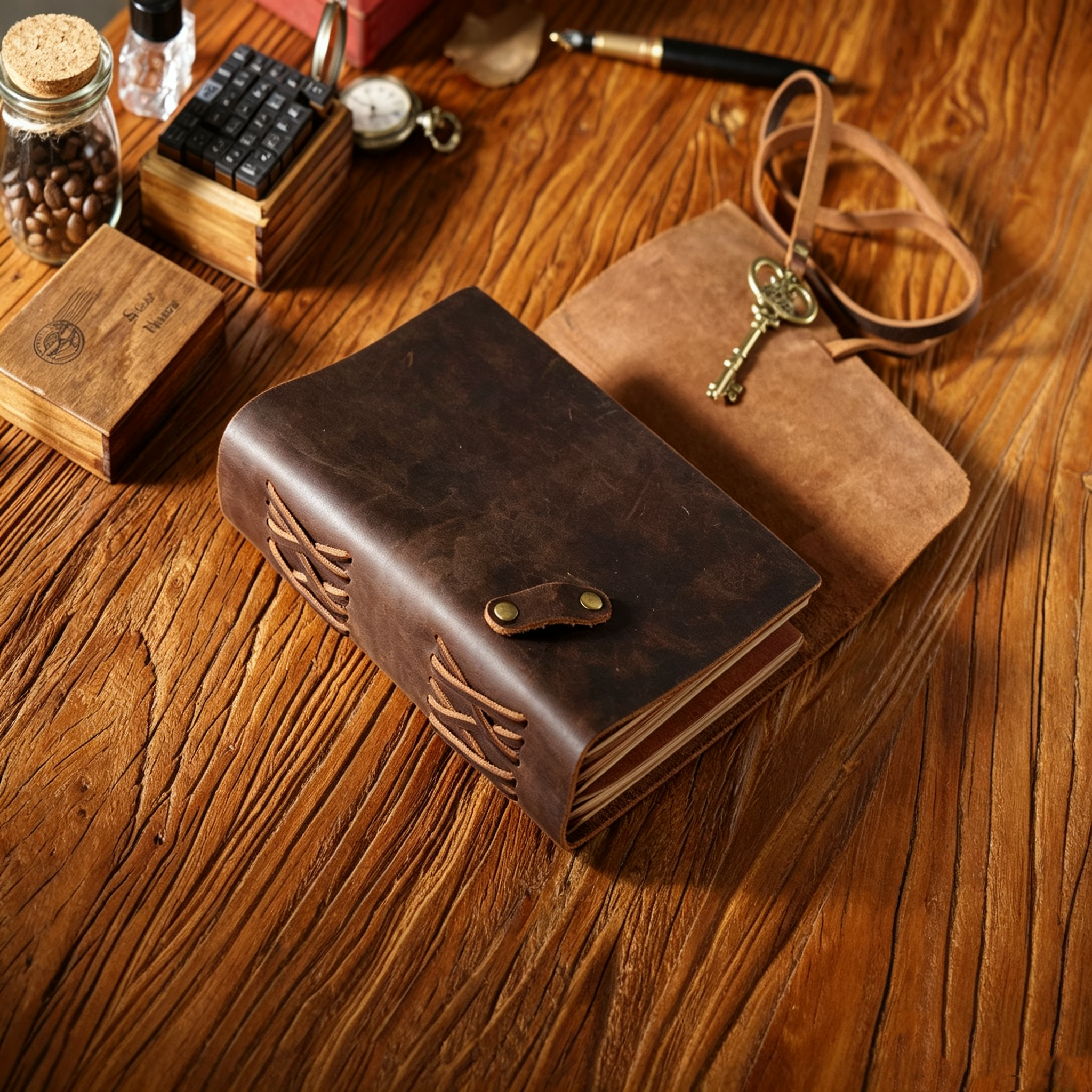 Handmade Crazy Horse Leather Travel Journal, Full Grain Cowhide Notebook with Leather Strap & Decorative Metal Key