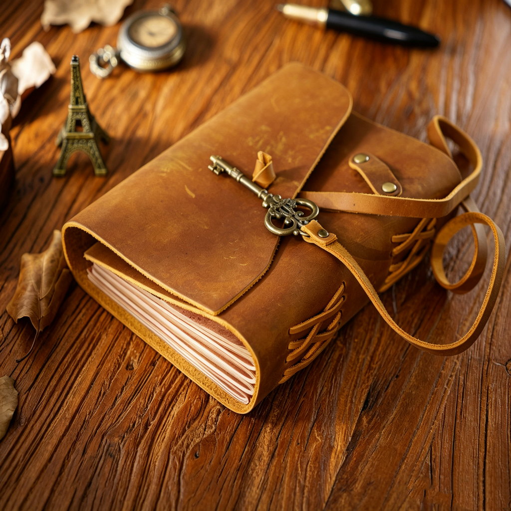 Handmade Crazy Horse Leather Travel Journal, Full Grain Cowhide Notebook with Leather Strap & Decorative Metal Key
