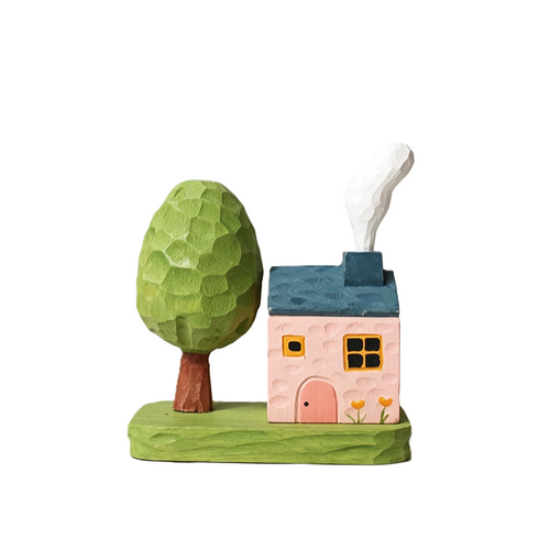 Hand-Carved Wooden Tree Ornament, Compatible with Cottage & Cute Wood-Carved Animals, Desktop Decoration, Whimsical Wood Carving Home Decor, Unique Gift for Desk & Shelf
