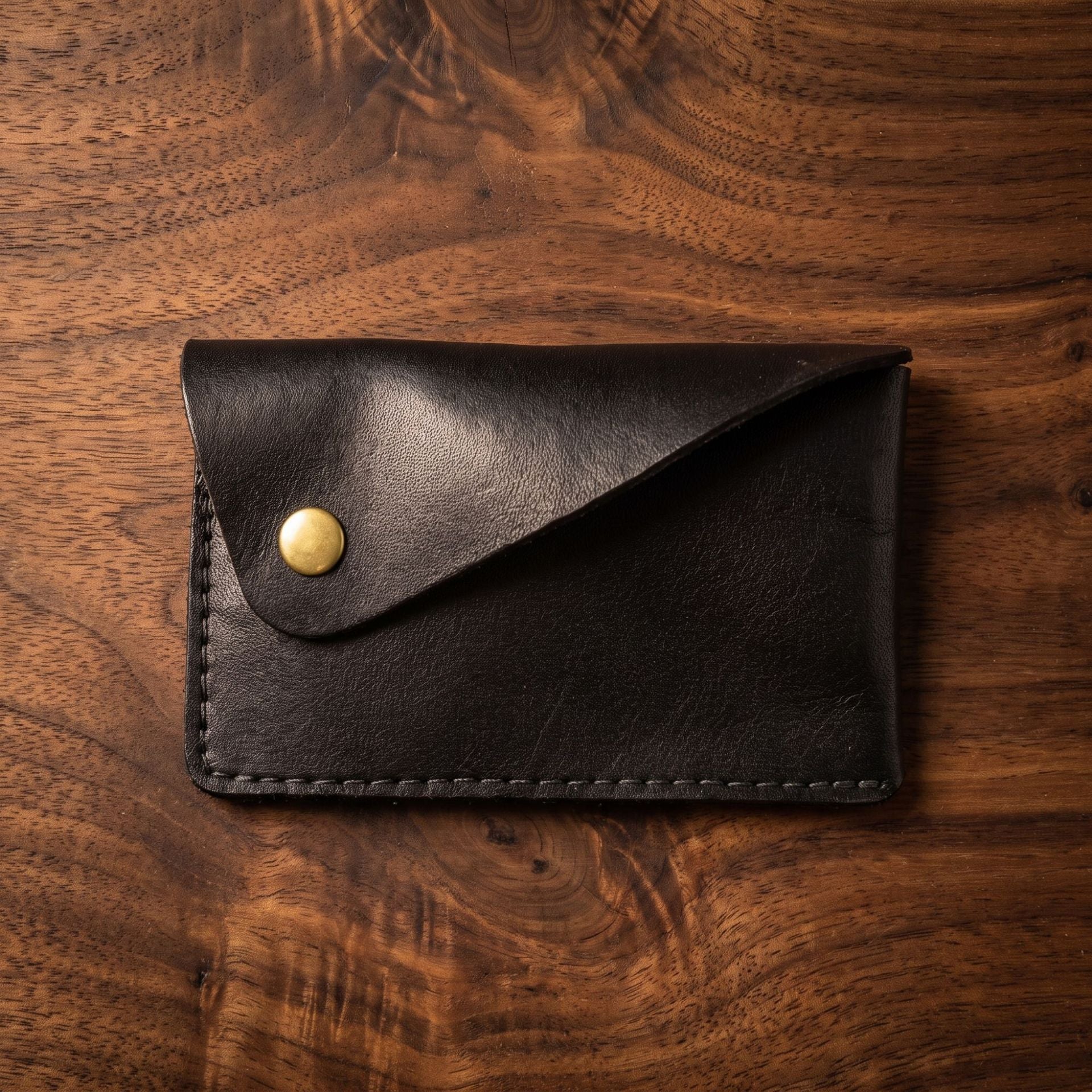 Handmade Full Grain Leather Card Wallet, Envelope Style Snap Button Coin Purse, Minimalist Vintage Leather Card Holder