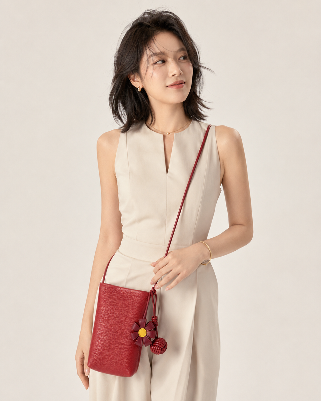 SICOPERT Small Crossbody Phone Bag with Woven Ball & Flower Charm