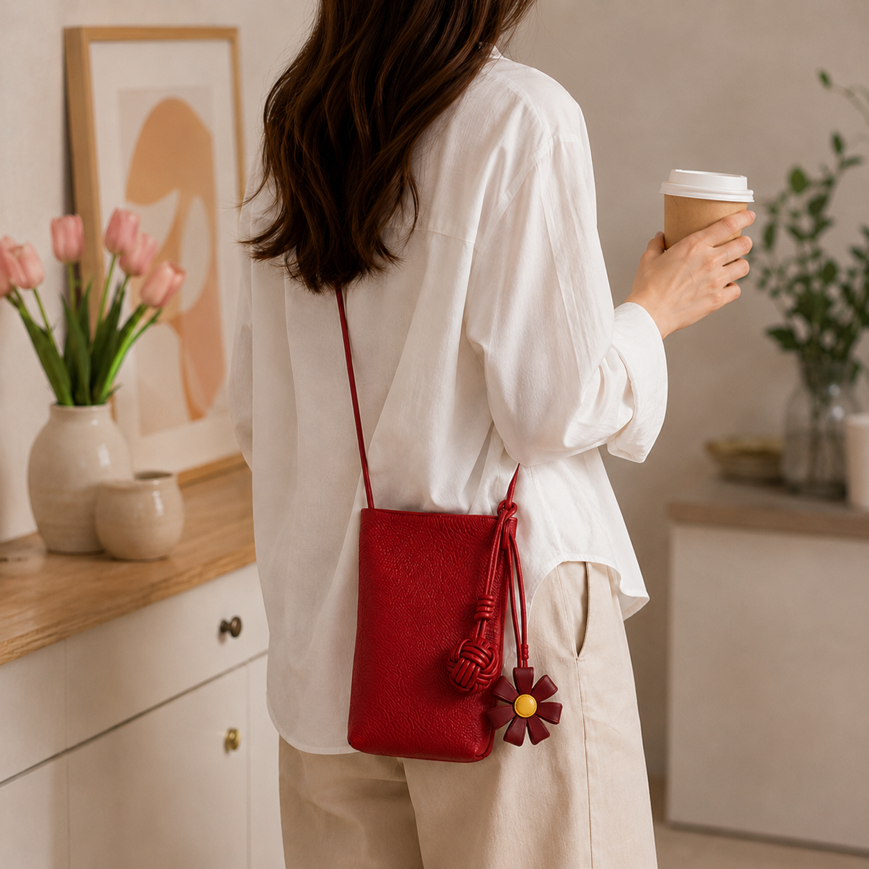 SICOPERT Small Crossbody Phone Bag with Woven Ball & Flower Charm