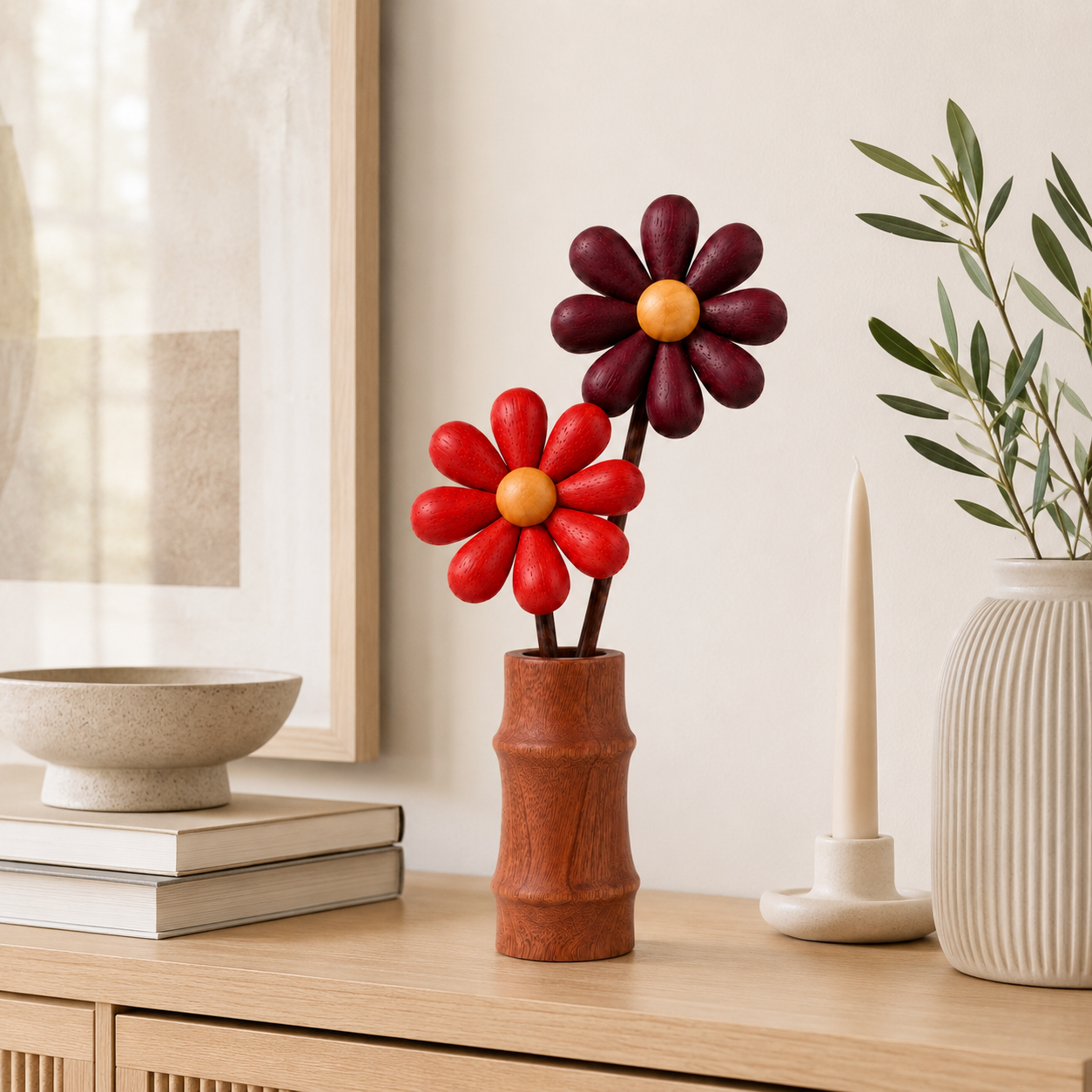 Wooden Daisy Vase Decor – Color-Coordinated Floral Tabletop Ornament for Home, Office & Gift Display