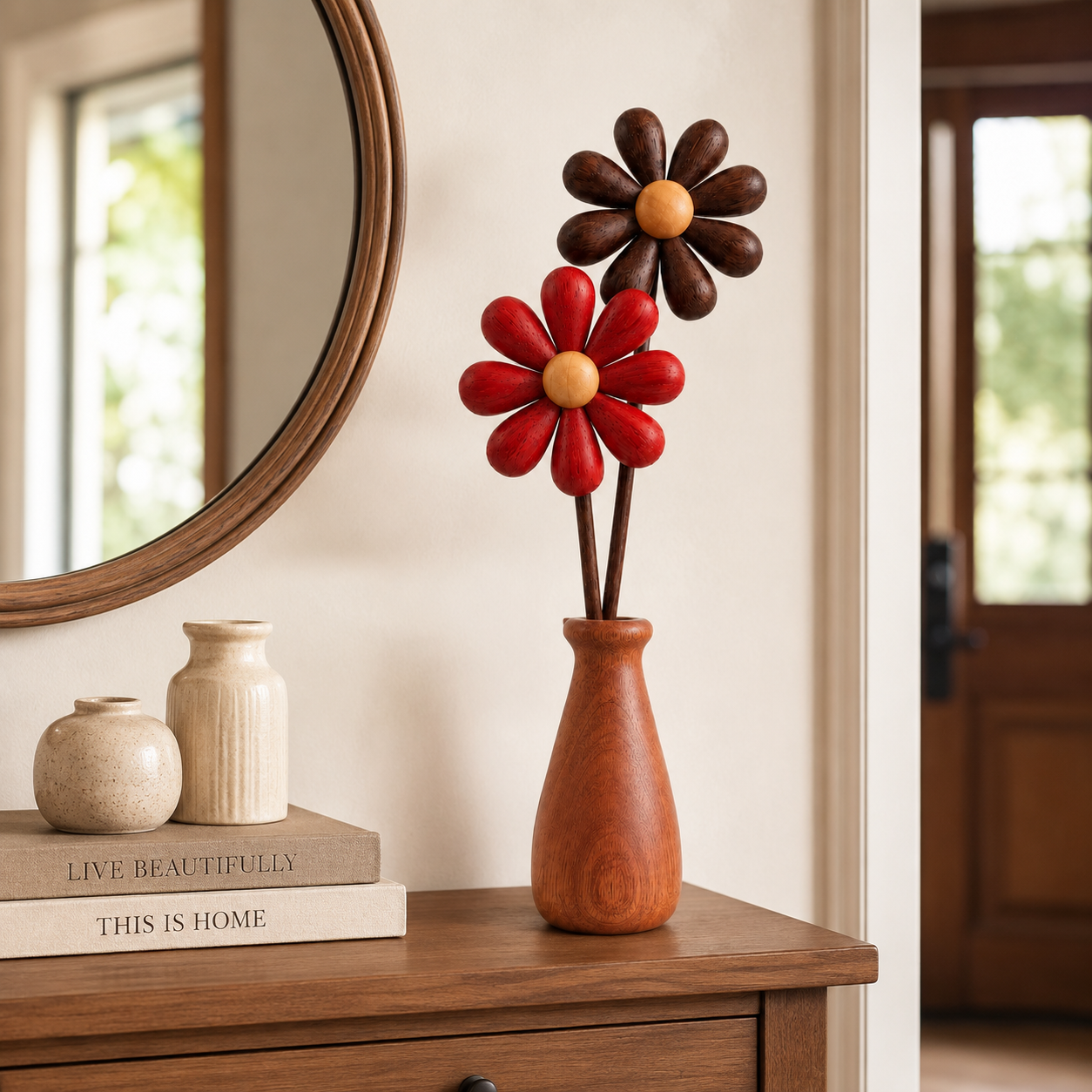 Wooden Daisy Vase Decor – Color-Coordinated Floral Tabletop Ornament for Home, Office & Gift Display