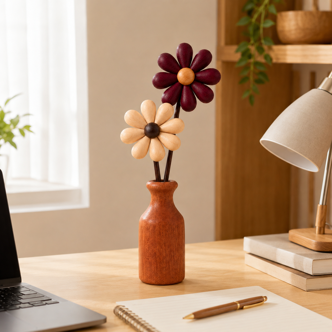 Wooden Daisy Vase Decor – Color-Coordinated Floral Tabletop Ornament for Home, Office & Gift Display