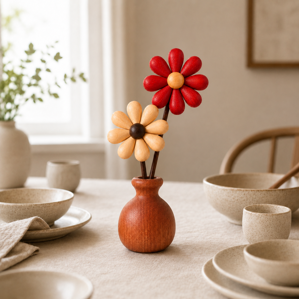 Wooden Daisy Vase Decor – Color-Coordinated Floral Tabletop Ornament for Home, Office & Gift Display
