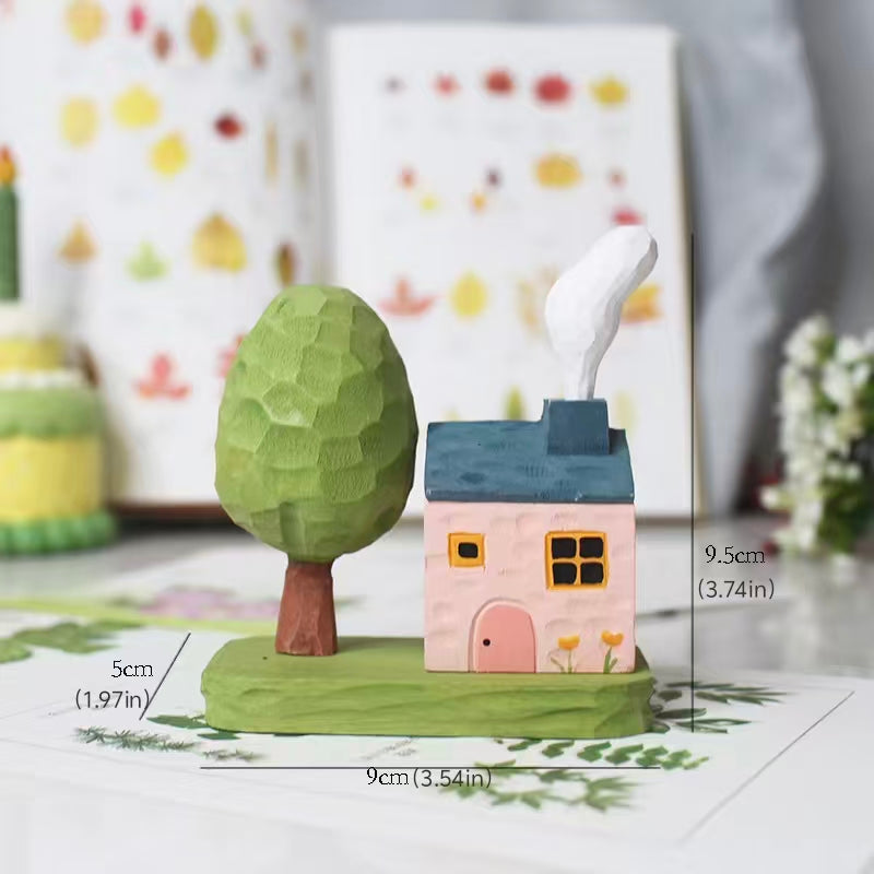 Hand-Carved Wooden Tree Ornament, Compatible with Cottage & Cute Wood-Carved Animals, Desktop Decoration, Whimsical Wood Carving Home Decor, Unique Gift for Desk & Shelf