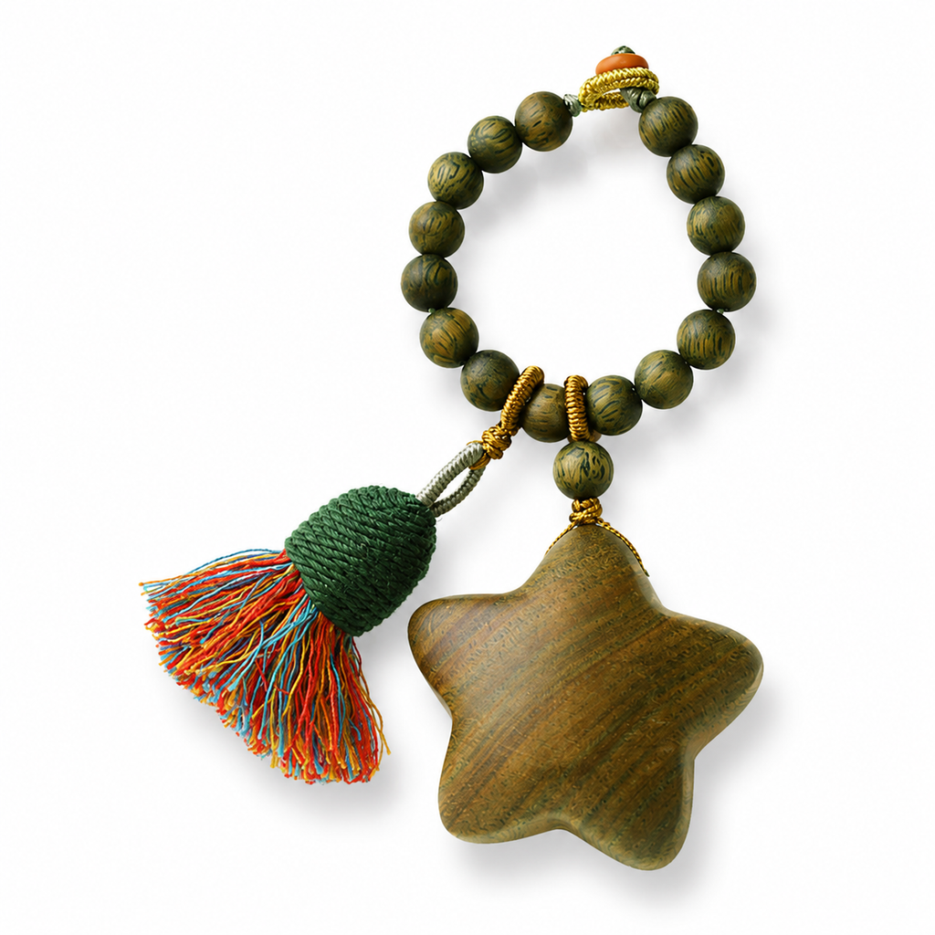 Handwoven Green Sandalwood Moon & Star Bag Charm Keychain with Tassel