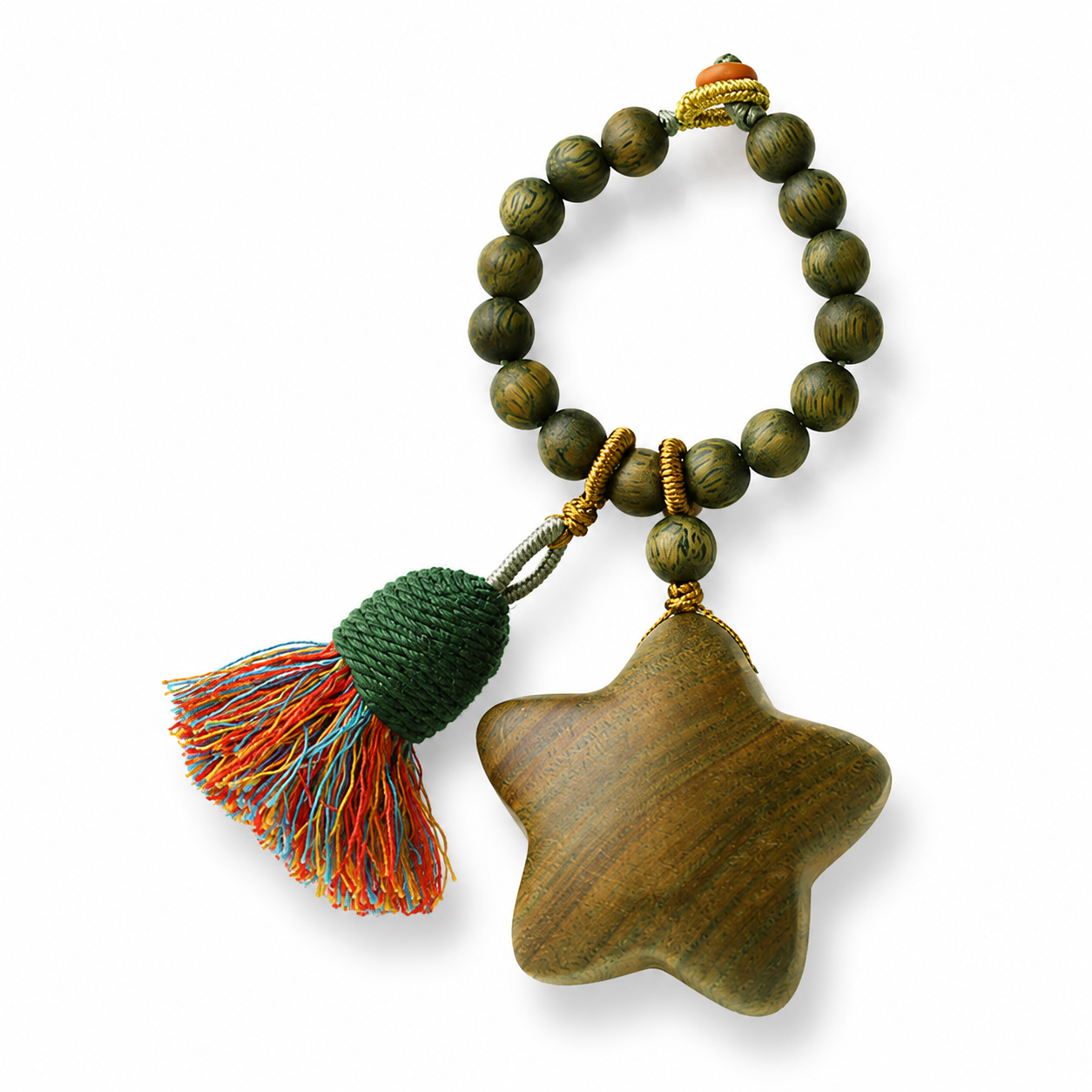 Handwoven Green Sandalwood Moon & Star Bag Charm Keychain with Tassel