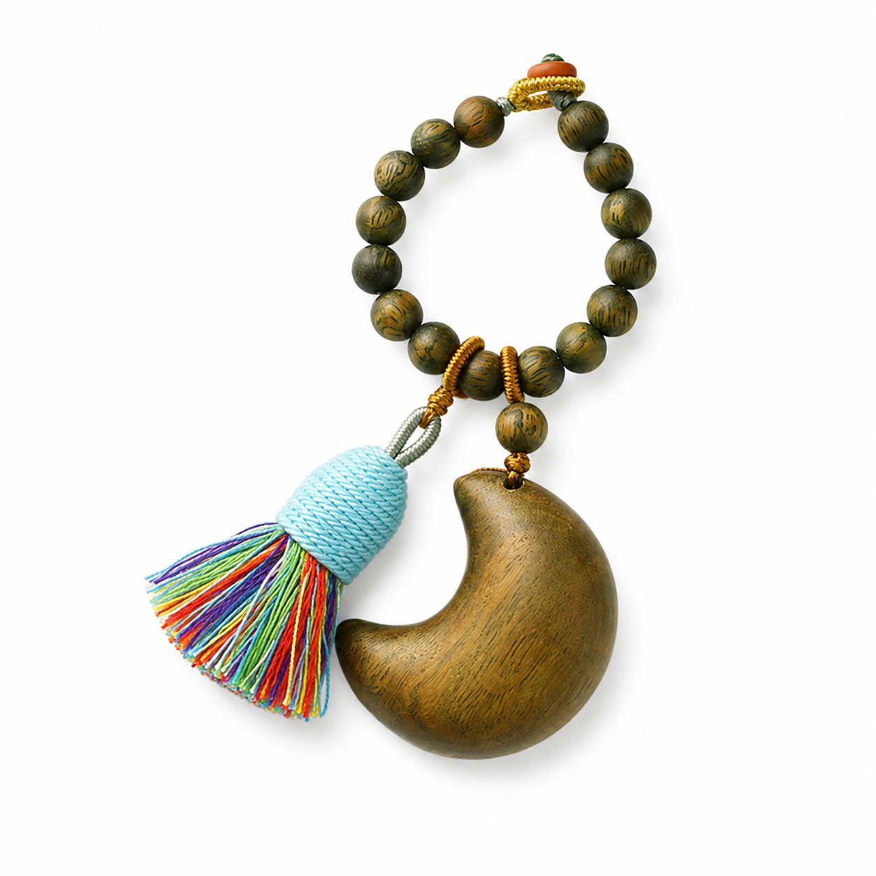 Handwoven Green Sandalwood Moon & Star Bag Charm Keychain with Tassel