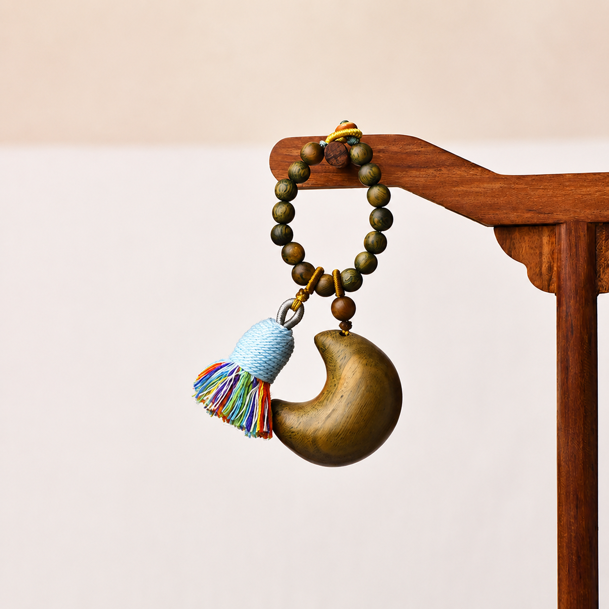 Handwoven Green Sandalwood Moon & Star Bag Charm Keychain with Tassel