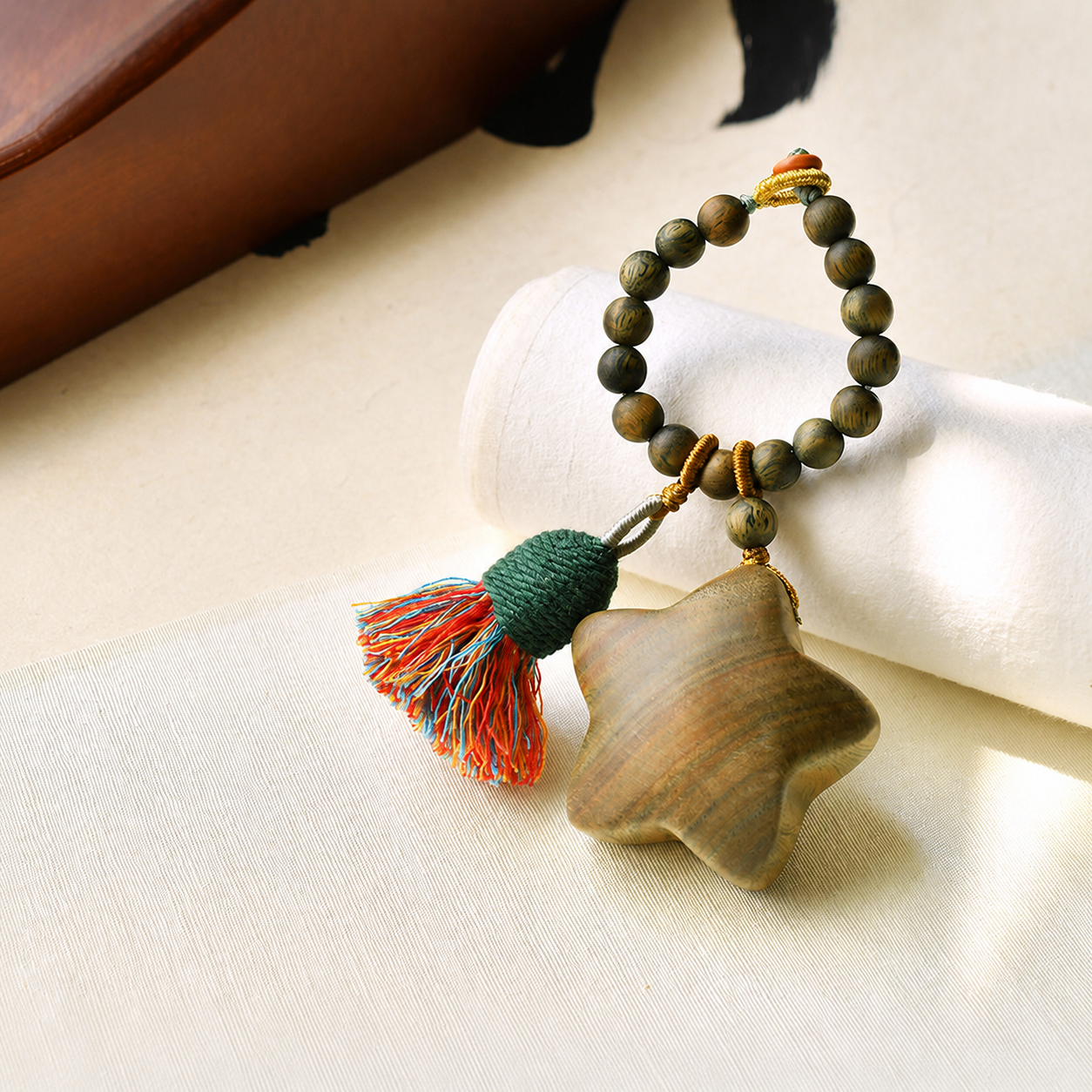 Handwoven Green Sandalwood Moon & Star Bag Charm Keychain with Tassel