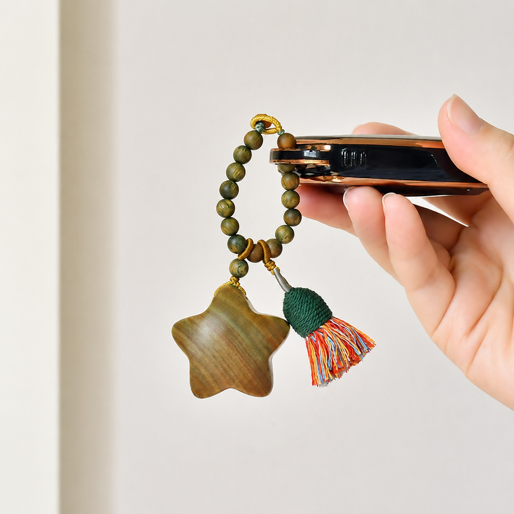 Handwoven Green Sandalwood Moon & Star Bag Charm Keychain with Tassel