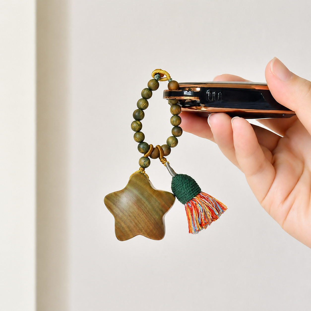 Handwoven Green Sandalwood Moon & Star Bag Charm Keychain with Tassel
