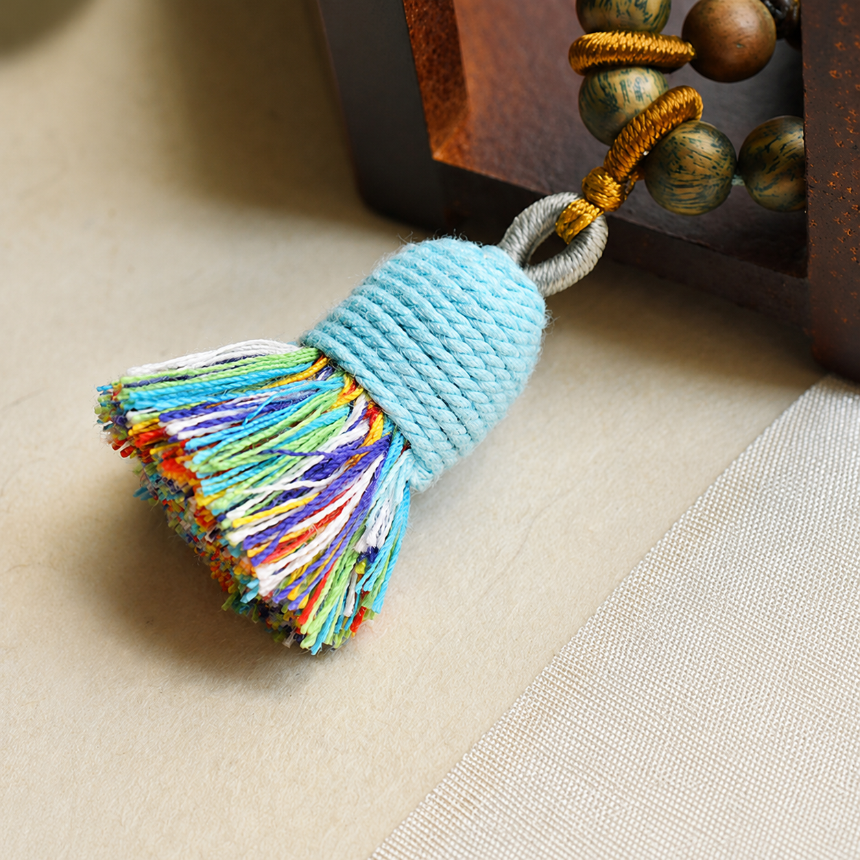 Handwoven Green Sandalwood Moon & Star Bag Charm Keychain with Tassel