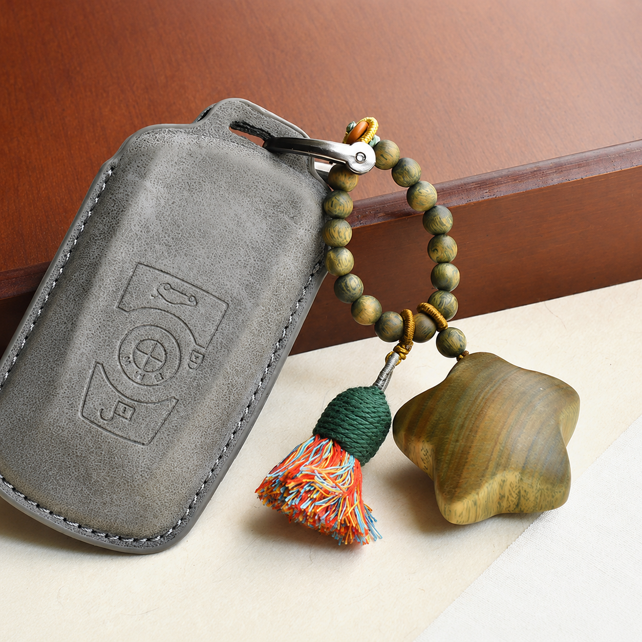 Handwoven Green Sandalwood Moon & Star Bag Charm Keychain with Tassel