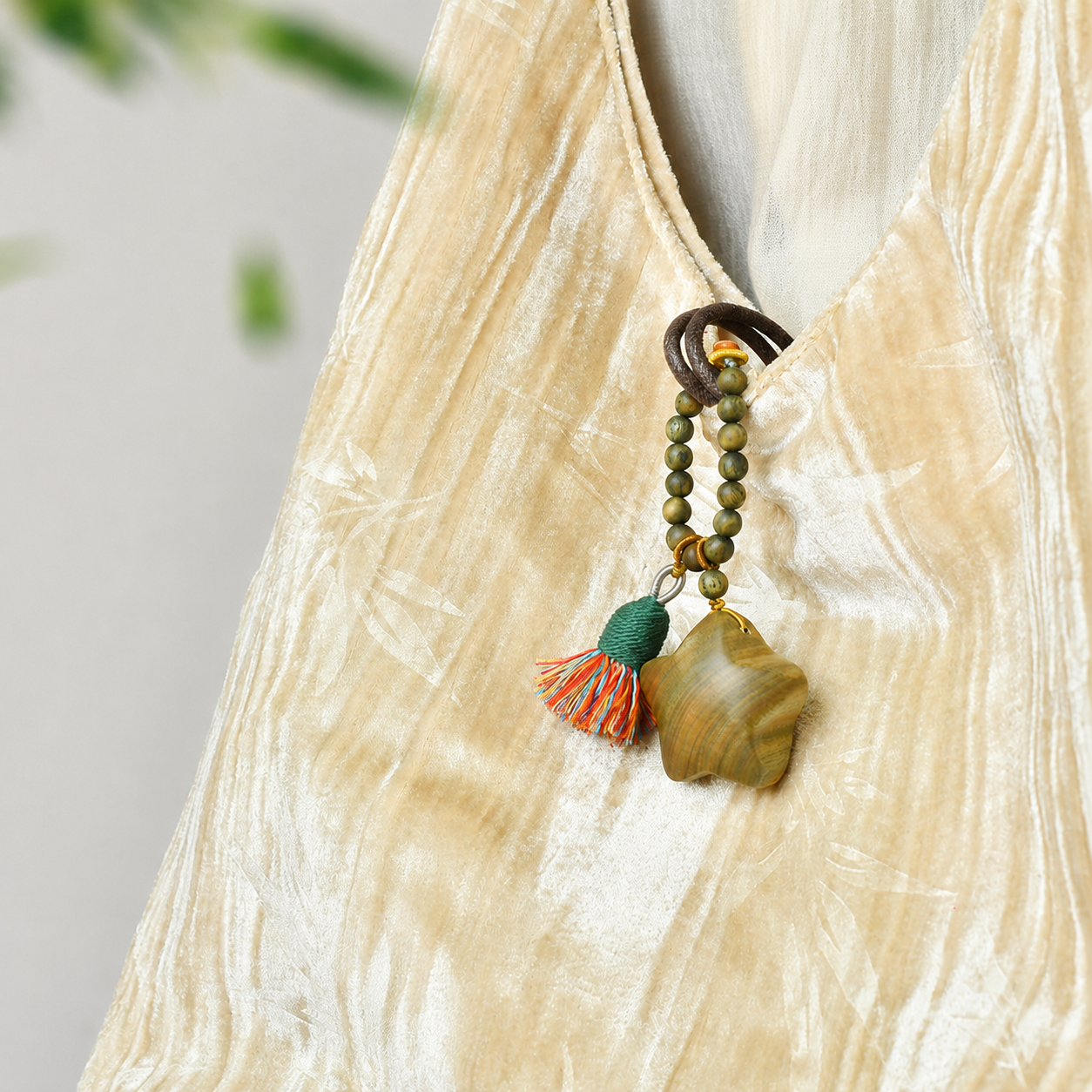 Handwoven Green Sandalwood Moon & Star Bag Charm Keychain with Tassel