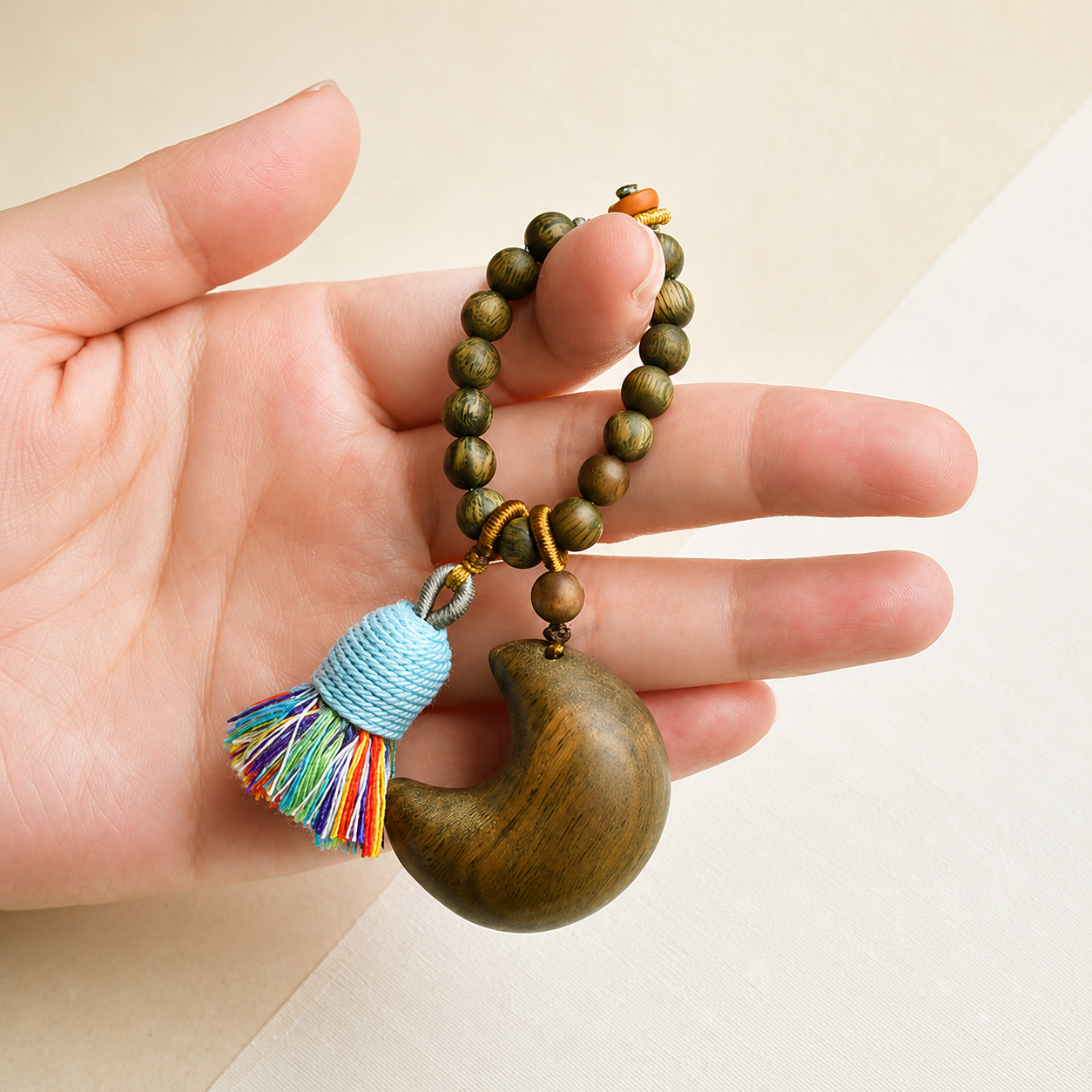 Handwoven Green Sandalwood Moon & Star Bag Charm Keychain with Tassel