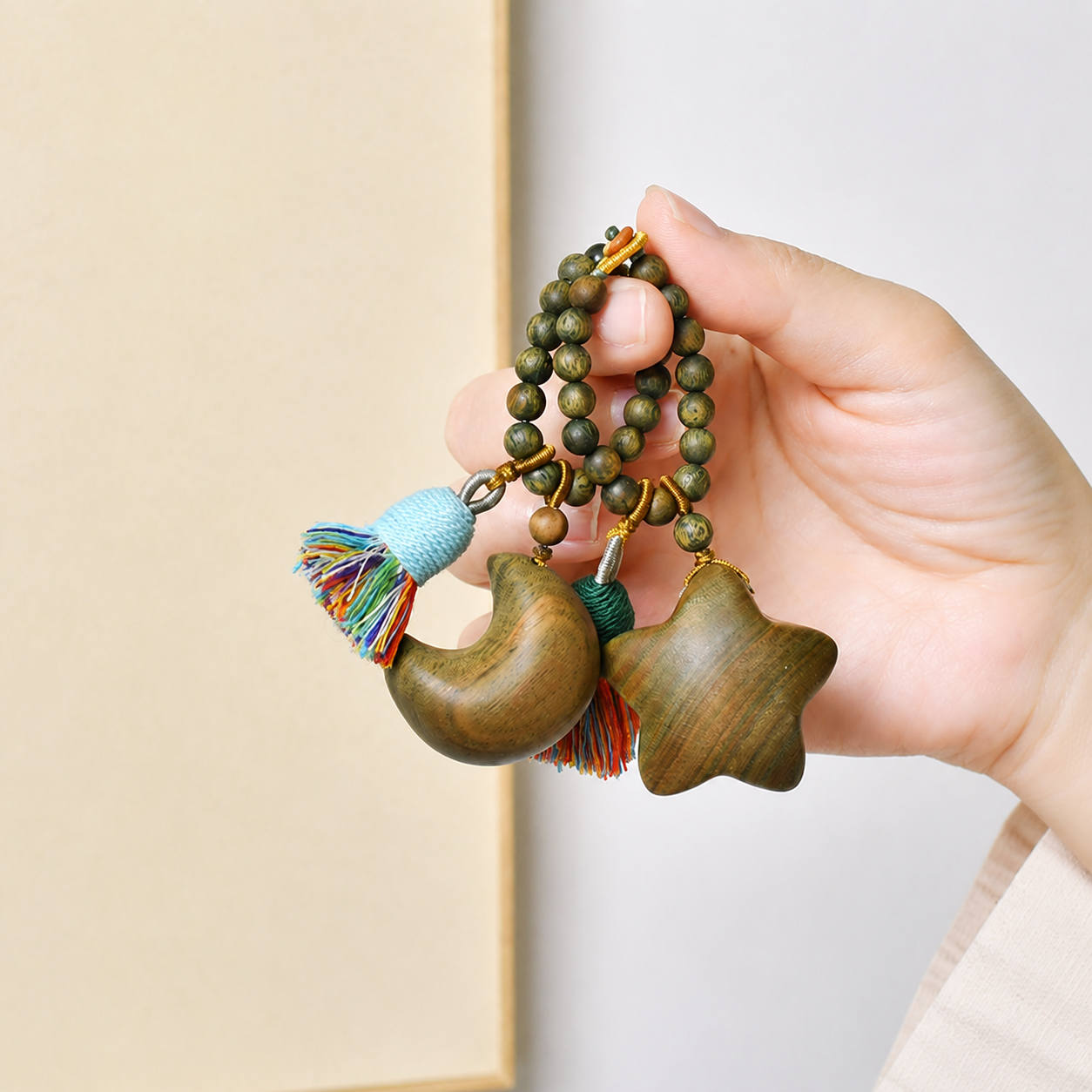 Handwoven Green Sandalwood Moon & Star Bag Charm Keychain with Tassel