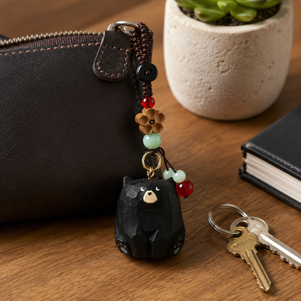 Handmade Carved Wooden Animal Keychain, Peach Blossom Charm for Keys & Bags