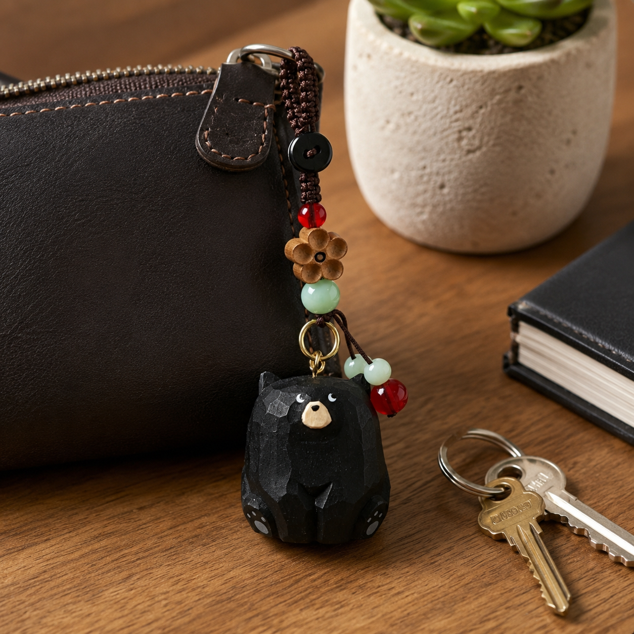 Handmade Carved Wooden Animal Keychain, Peach Blossom Charm for Keys & Bags