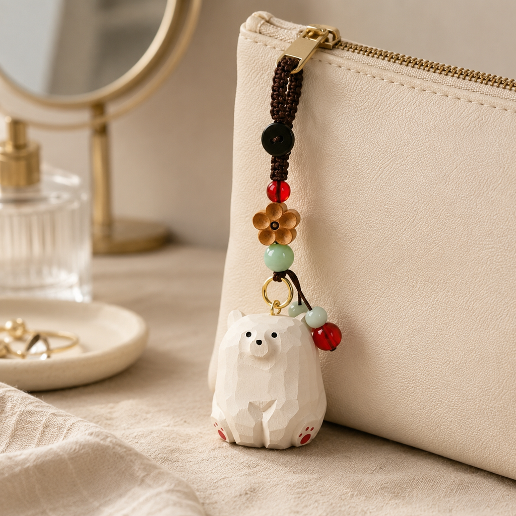 Handmade Carved Wooden Animal Keychain, Peach Blossom Charm for Keys & Bags