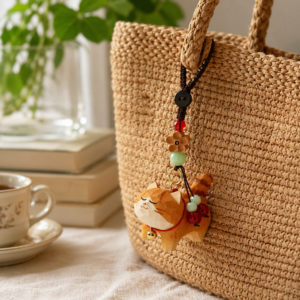 Handmade Carved Wooden Animal Keychain, Peach Blossom Charm for Keys & Bags