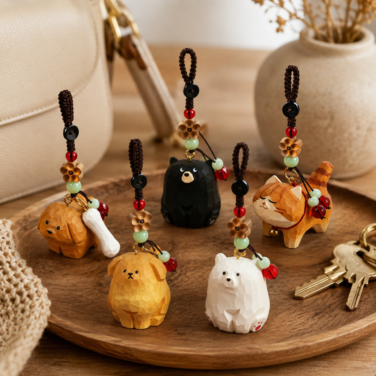 Handmade Carved Wooden Animal Keychain, Peach Blossom Charm for Keys & Bags
