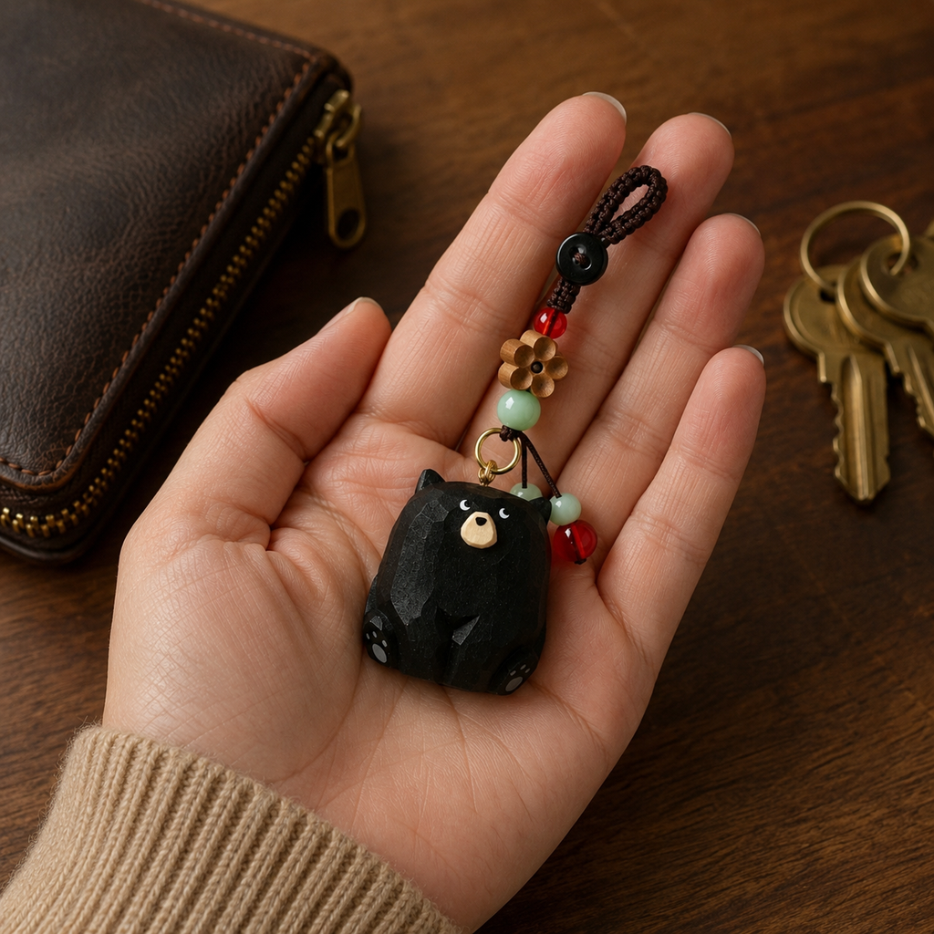Handmade Carved Wooden Animal Keychain, Peach Blossom Charm for Keys & Bags