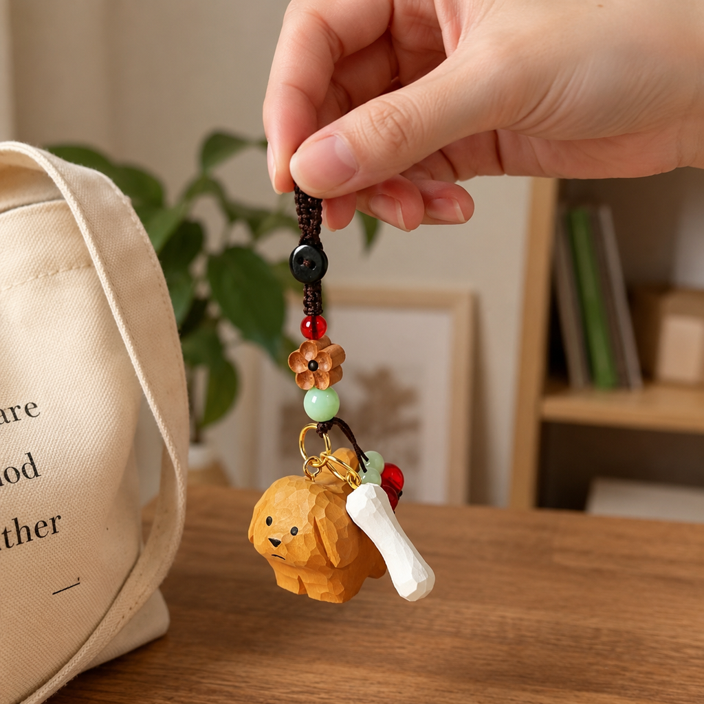 Handmade Carved Wooden Animal Keychain, Peach Blossom Charm for Keys & Bags