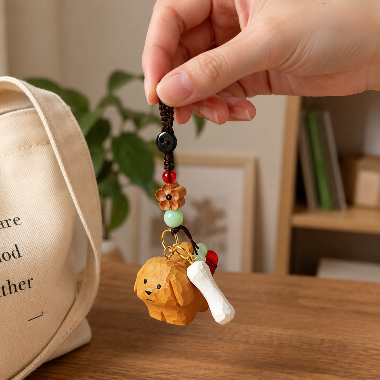 Handmade Carved Wooden Animal Keychain, Peach Blossom Charm for Keys & Bags