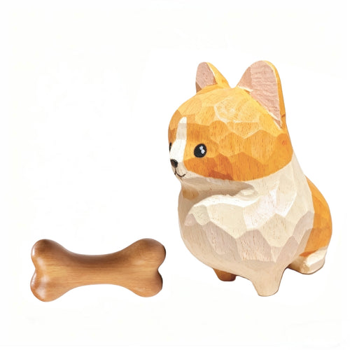 Hand Carved Wooden Corgi Figurine & Dog Bone Set – Cute Desk Decor & Gift for Corgi Lovers