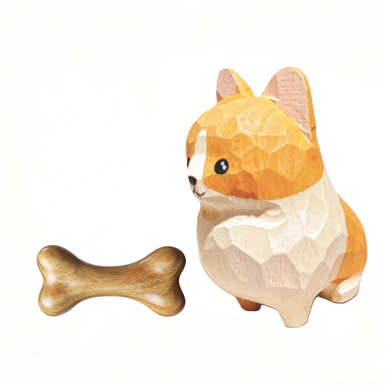 Hand Carved Wooden Corgi Figurine & Dog Bone Set – Cute Desk Decor & Gift for Corgi Lovers
