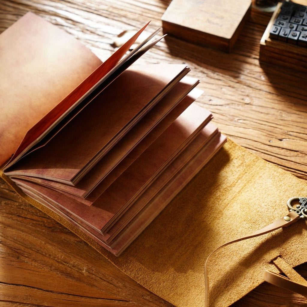 Handmade Crazy Horse Leather Travel Journal, Full Grain Cowhide Notebook with Leather Strap & Decorative Metal Key