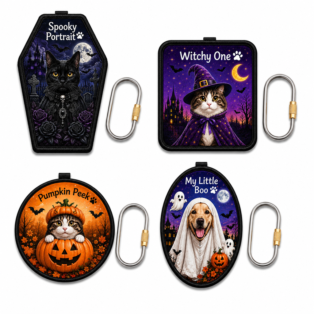 Personalized Halloween Pet Photo Keychain – Custom Dog & Cat Bag Charm