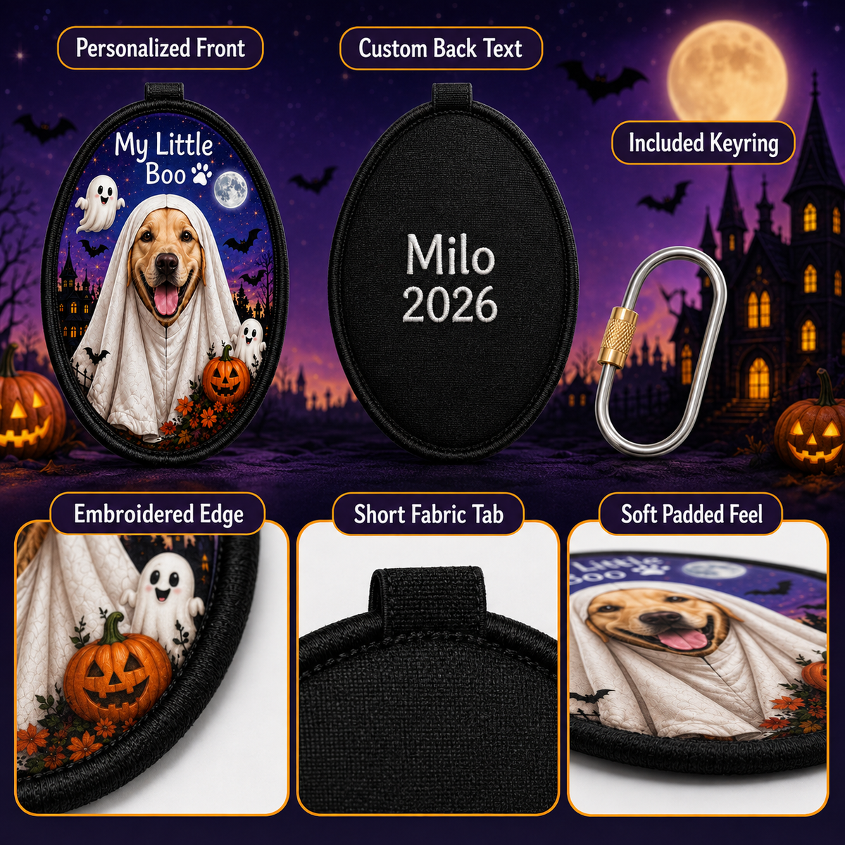 Personalized Halloween Pet Photo Keychain – Custom Dog & Cat Bag Charm