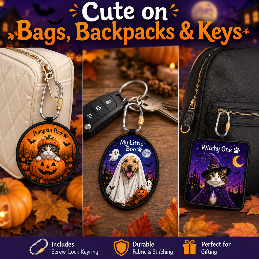 Personalized Halloween Pet Photo Keychain – Custom Dog & Cat Bag Charm