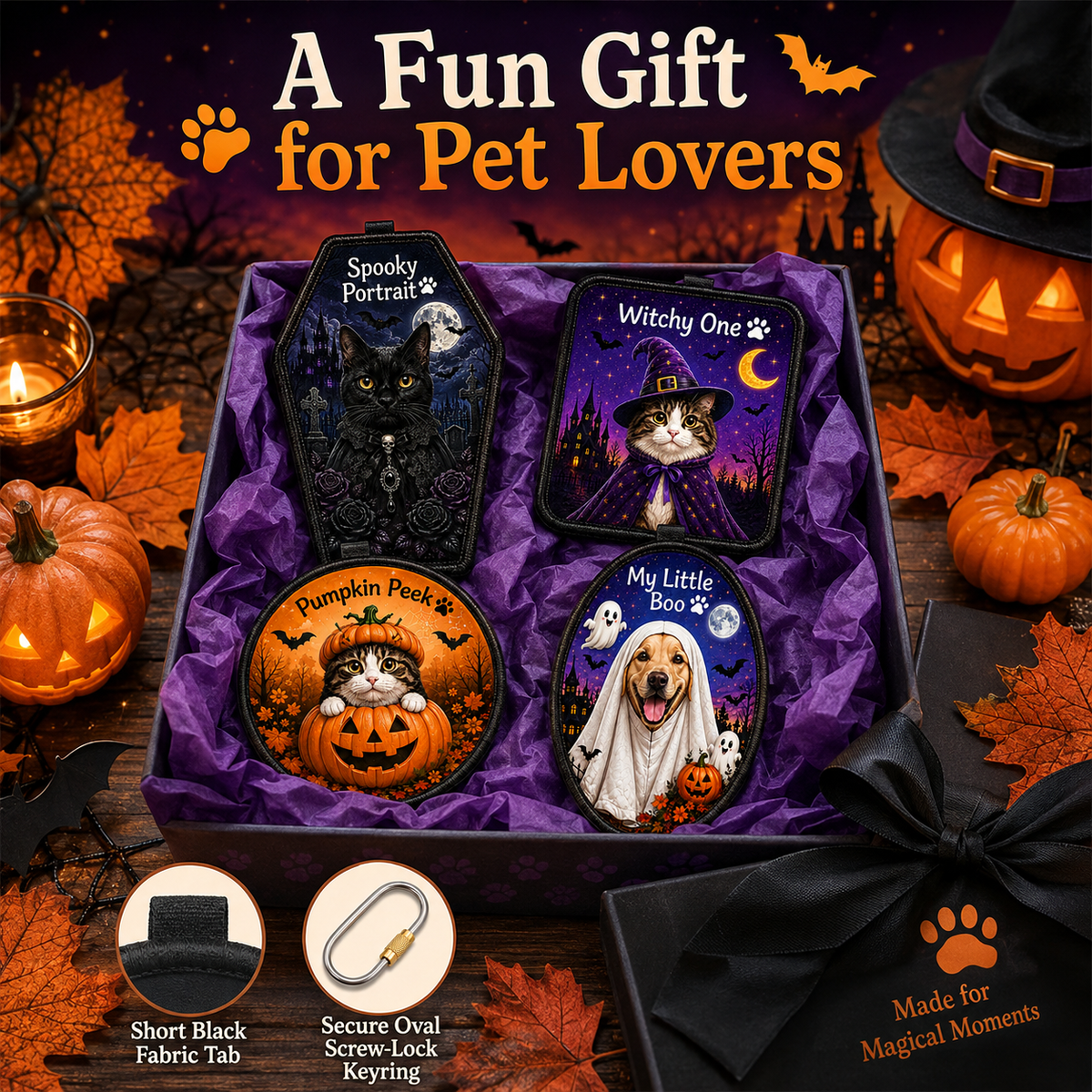 Personalized Halloween Pet Photo Keychain – Custom Dog & Cat Bag Charm