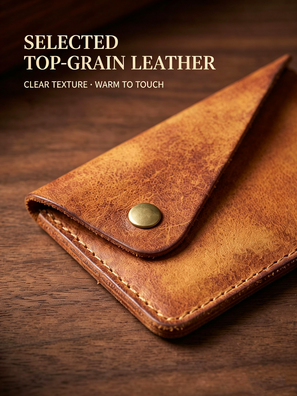 Handmade Full Grain Leather Card Wallet, Envelope Style Snap Button Coin Purse, Minimalist Vintage Leather Card Holder