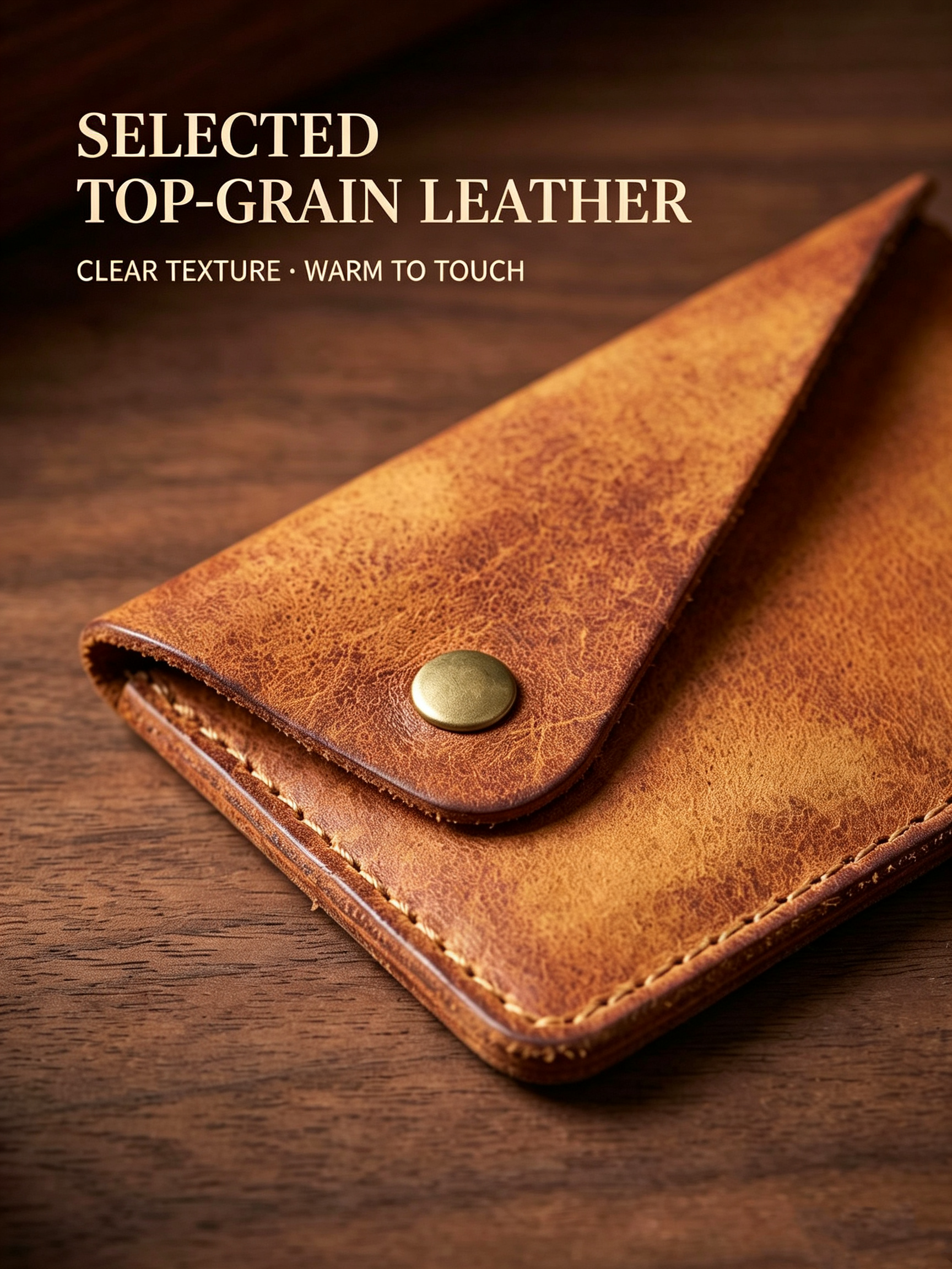 Handmade Full Grain Leather Card Wallet, Envelope Style Snap Button Coin Purse, Minimalist Vintage Leather Card Holder