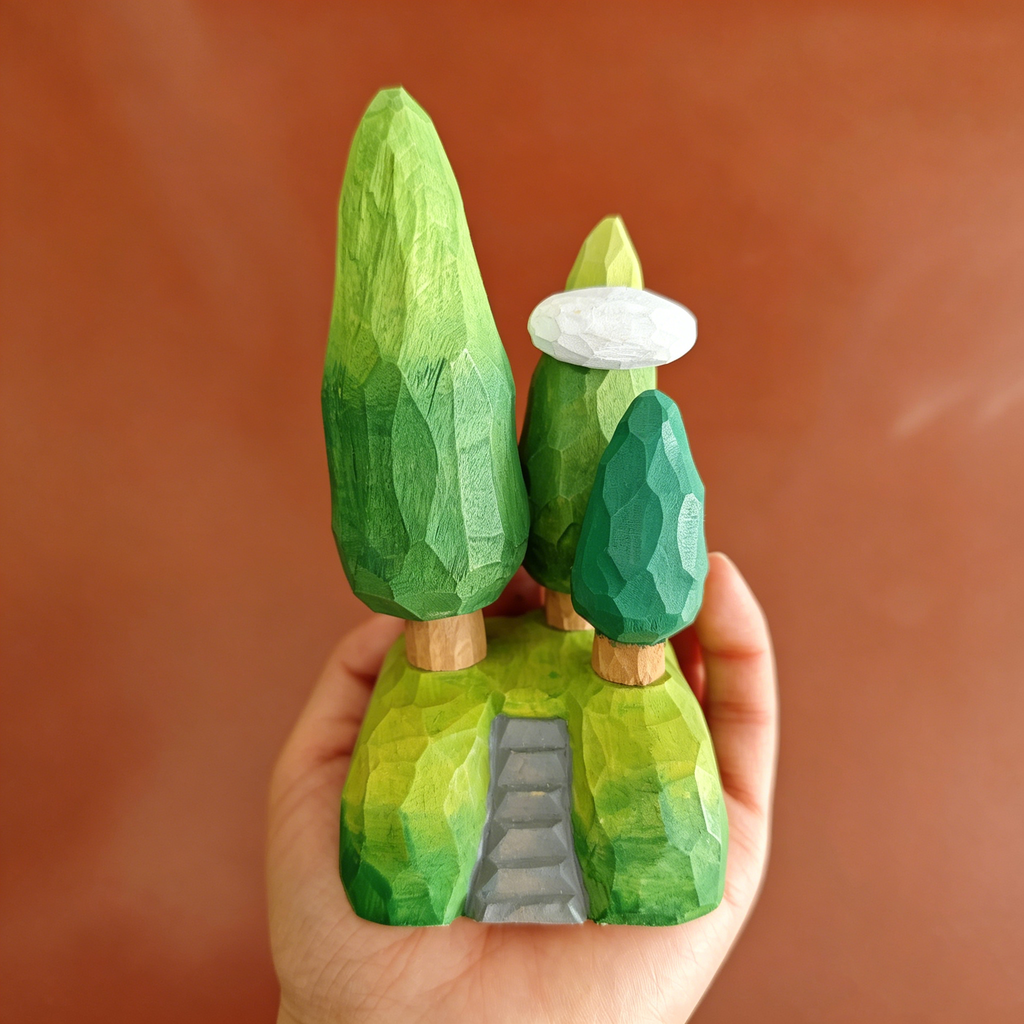 Linden Wood Hand-Carved Tree Figurine, Cute Forest Scene Miniature Decor, Calming Desk Ornament for Home, Office & Fairy Gardens